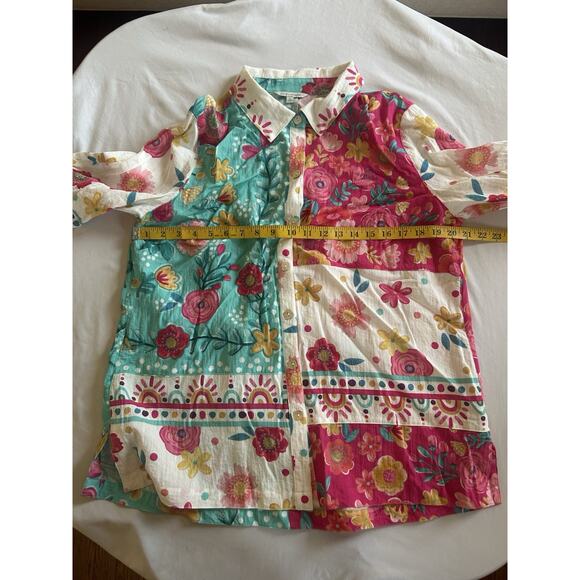 John Mark Floral Boho Button Blouse Womens Size Large Pink Blue Bright Colorful - Picture 6 of 8